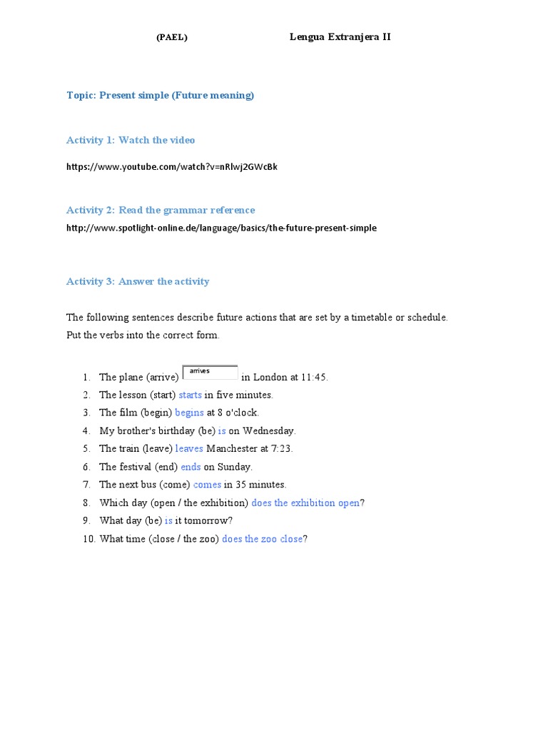 Present Simple Future Meaning Ytc Pdf