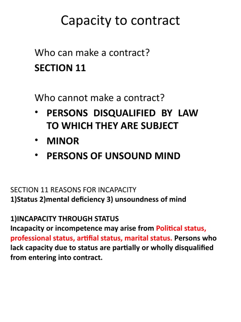 Capacity To Contract Who Can Make A Contract? PDF Common Law