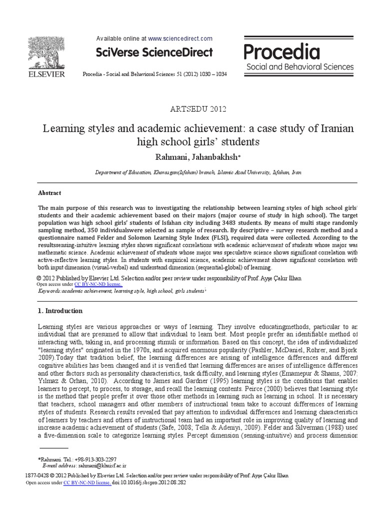 Learning Styles And Academic Achievement A Case Study Of Iranian High