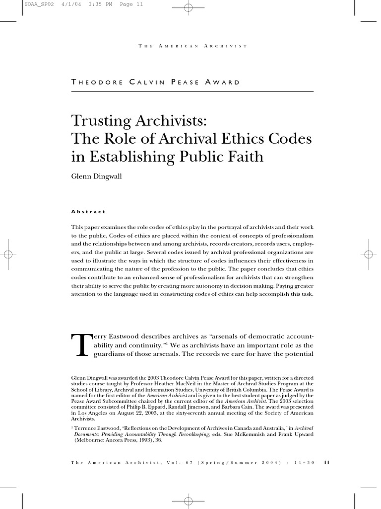 Trusting Archivists: The Role of Archival Ethics Codes in Establishing ...