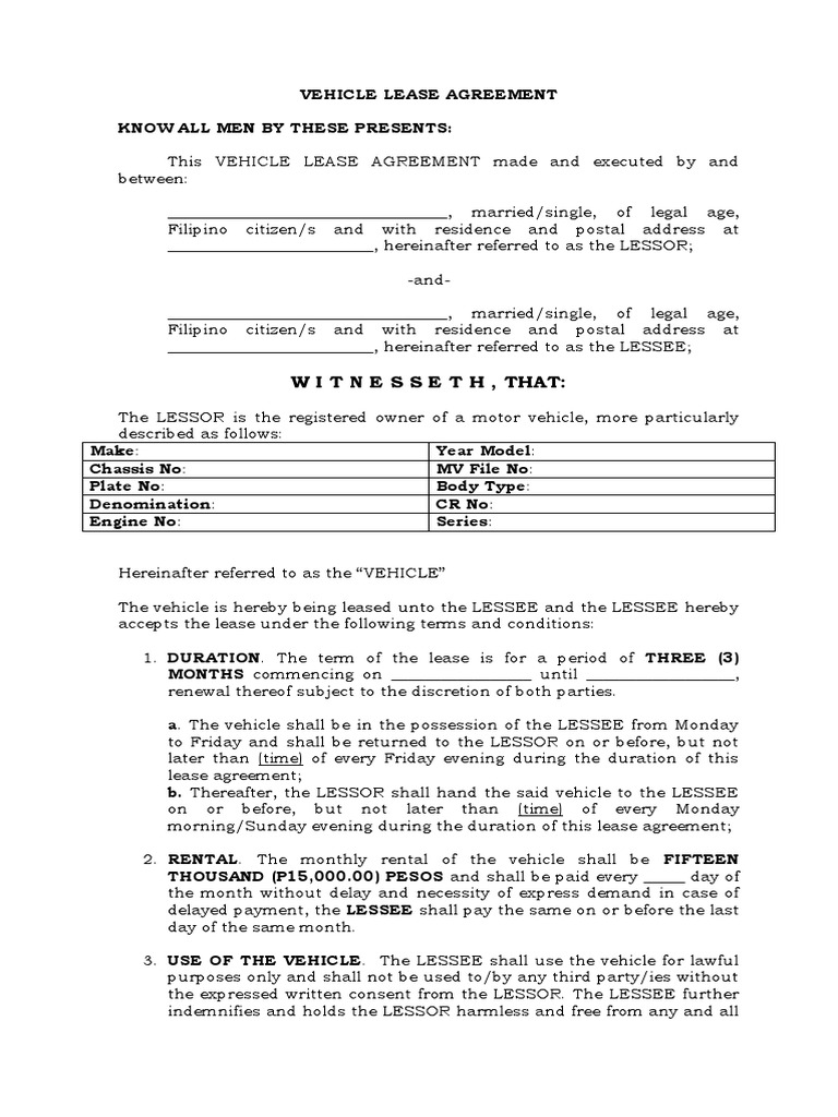 Blank Vehicle Lease Agreement 2020 | PDF | Lease | Law And Economics