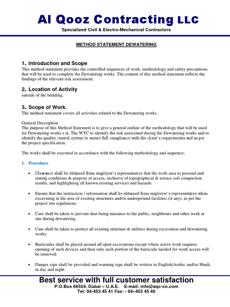 Method Statement for Dewatering Works | PDF | Pump | Safety