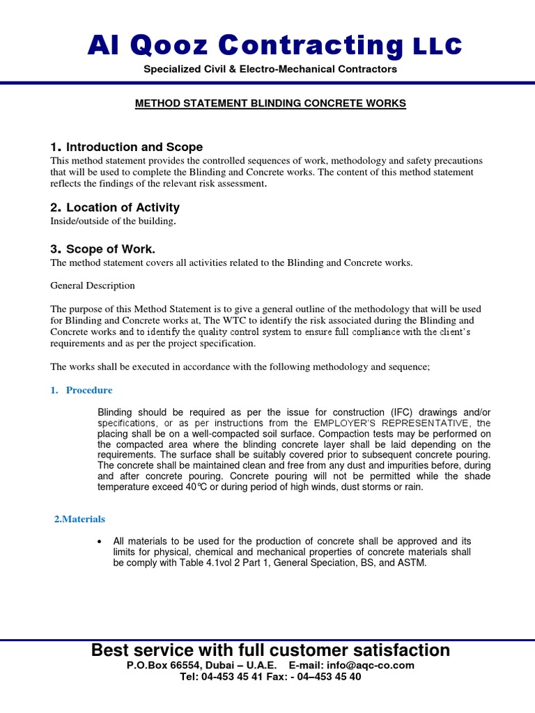 Method Statement for Concrete Blinding | PDF | Concrete | Safety