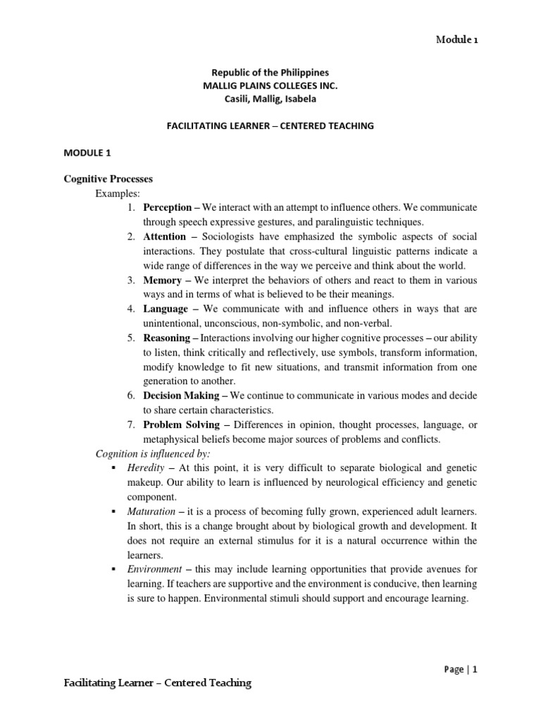 Module 1 Facilitating Learner Centered Teaching Pdf Pdf Expert