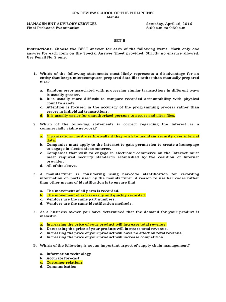 CPA Review: Management Advisory Exam | PDF | Net Present Value | Cost ...