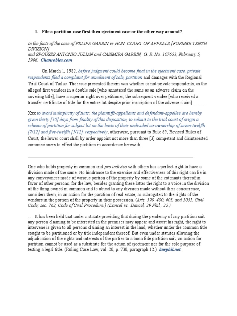 File A Partition Case First Then Ejectment Case or The Other Way Around
