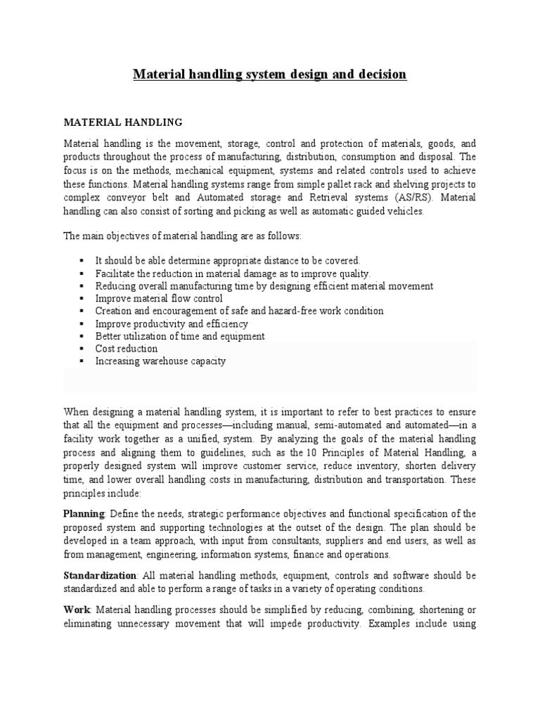 Material Handling System Design and Decision PDF Warehouse Automation