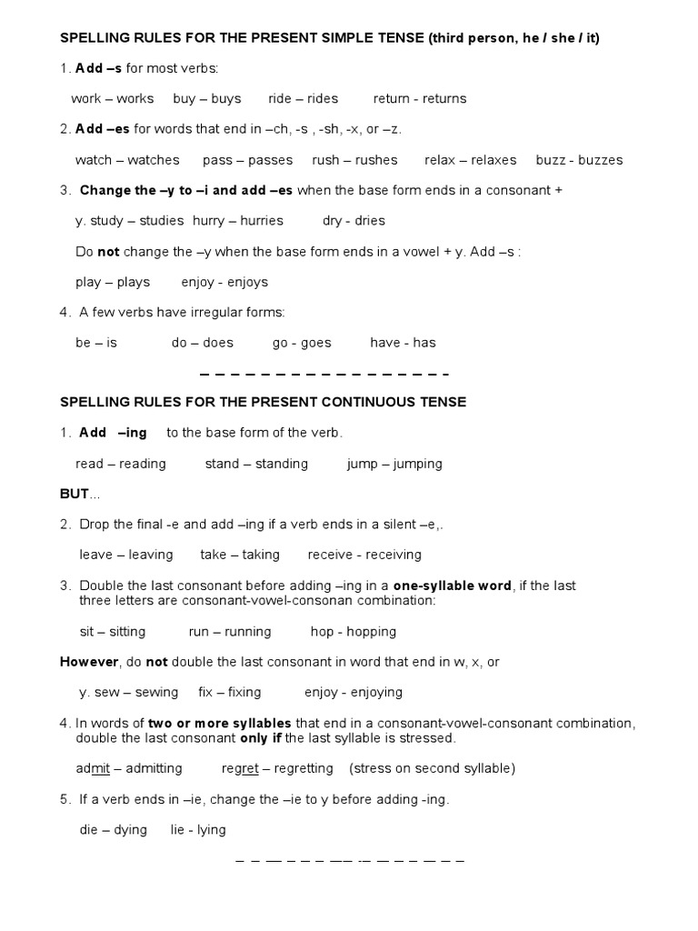 Present Simple Tense Spelling Rules | PDF | Consonant | Verb