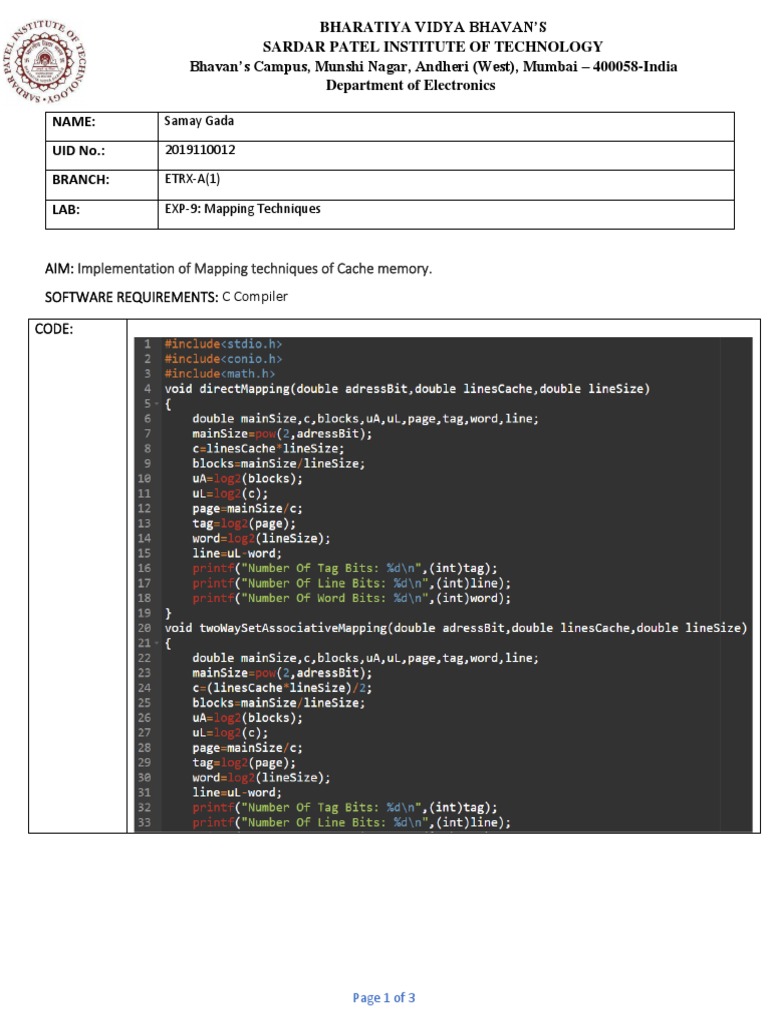 Implementation of Mapping Techniques of Cache Memory.: Aim: Software ...