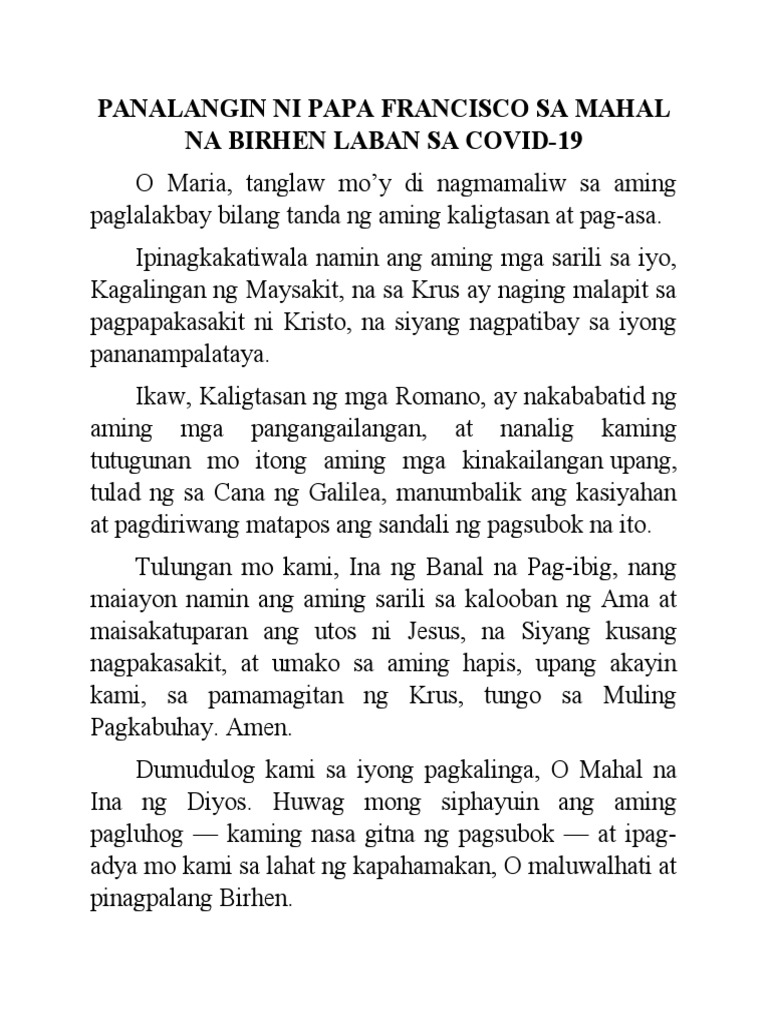Panalangin Ni Papa Francisco Sa Mahal Na Birhen Laban Sa COVID | PDF