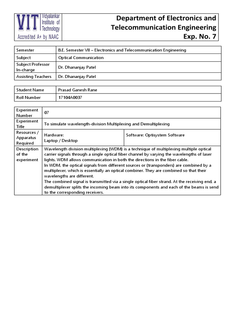 OC Expt 7 PDF | PDF | Wavelength Division Multiplexing | Multiplexing