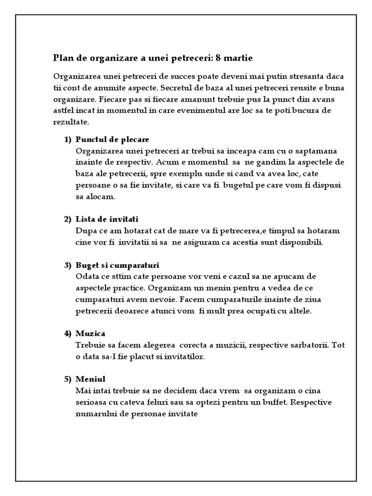 Plan de Organizare A Unei Petreceri | PDF
