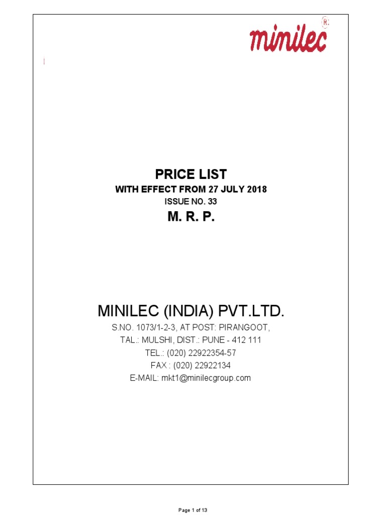 Minilec (India) PVT LTD. Price List PDF Relay Switch
