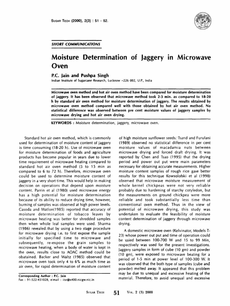 Moisture Determination of Jaggery Oven in Microwave Short