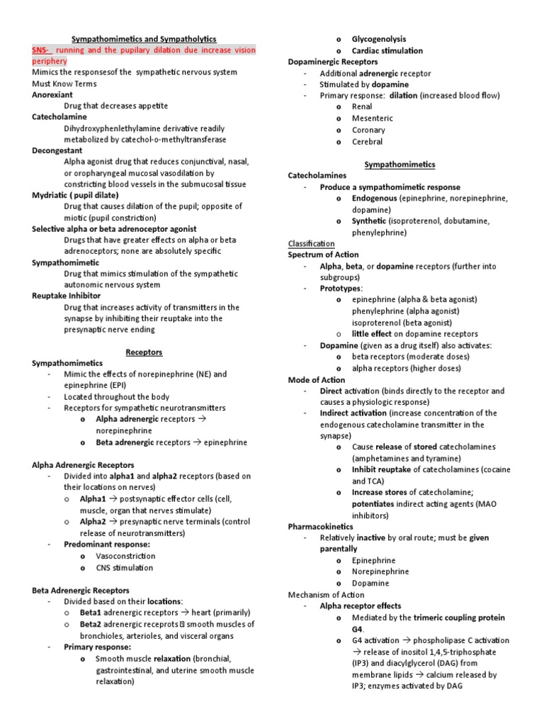 Sympathomimetics vs. Sympatholytics | PDF | Vasodilation | Norepinephrine