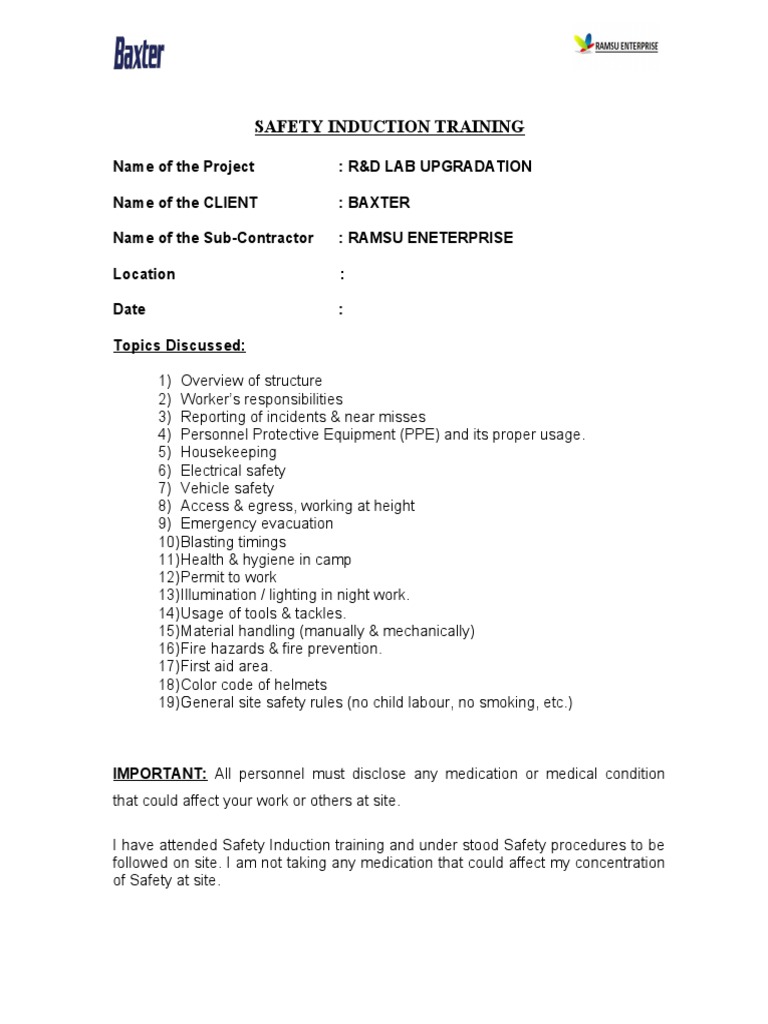 Safety Induction Training for Contractors | PDF
