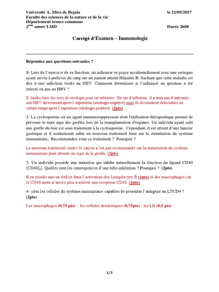 Exercice Corrigé Système Immunitaire 3ème Pdf Corrigé de L'examen D'immunologie 2017 | PDF | Immunologie | Lymphocyte