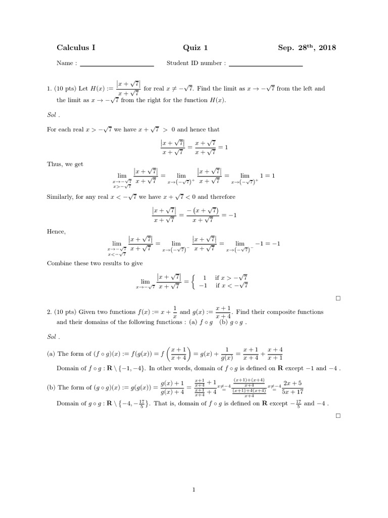 Calculus I Quiz: Limits and Functions | PDF | Mathematical Analysis ...