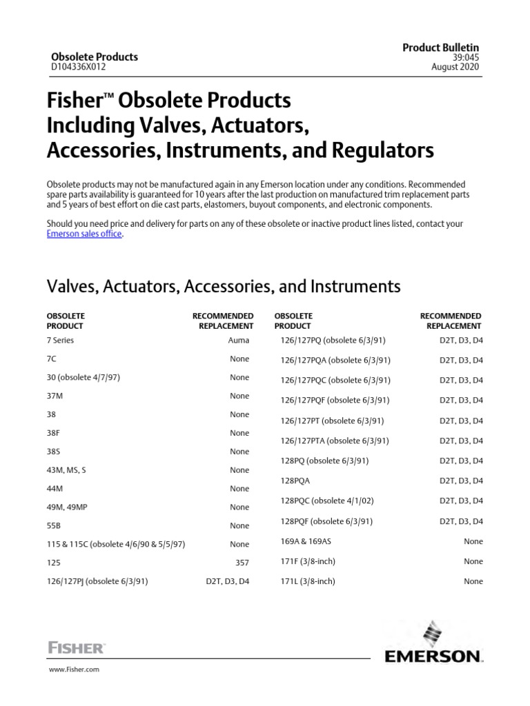 Fisher Obsolete Products Including Valves, Actuators, Accessories