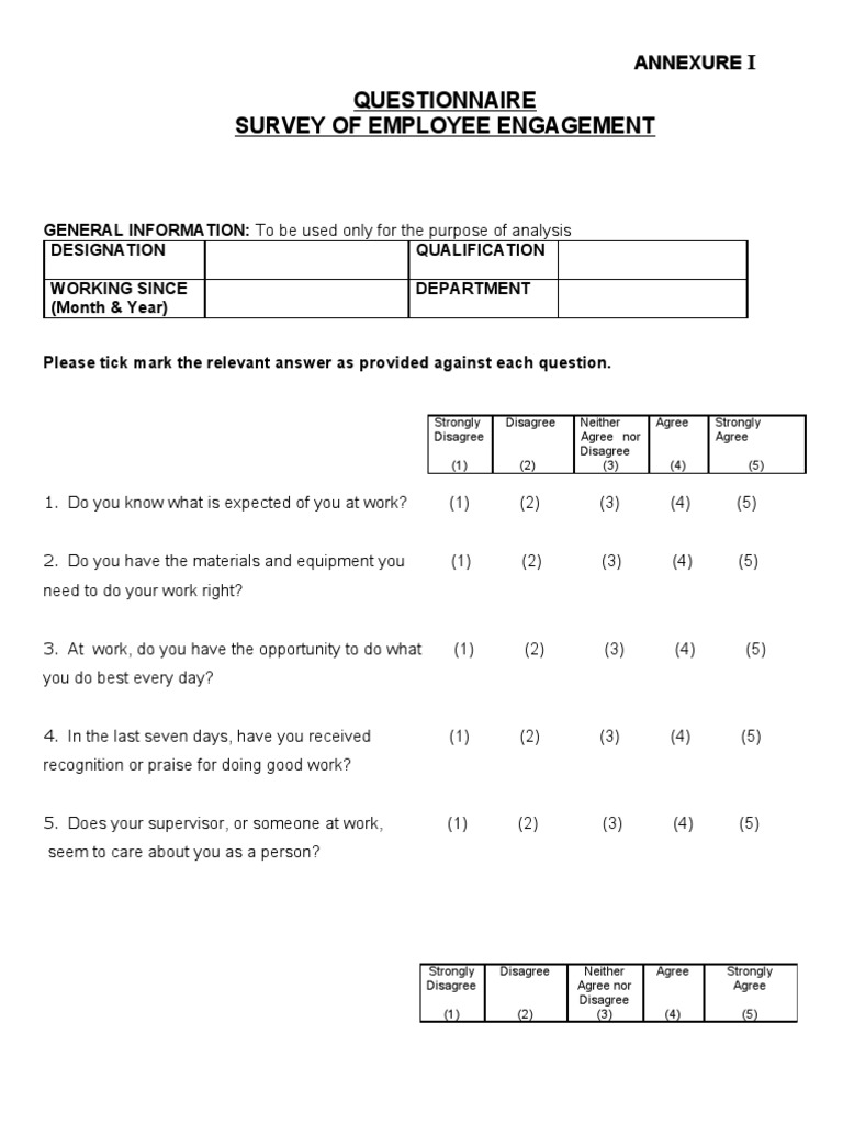 Survey of Employee Engagement Questionnaire 213 Business Cognition