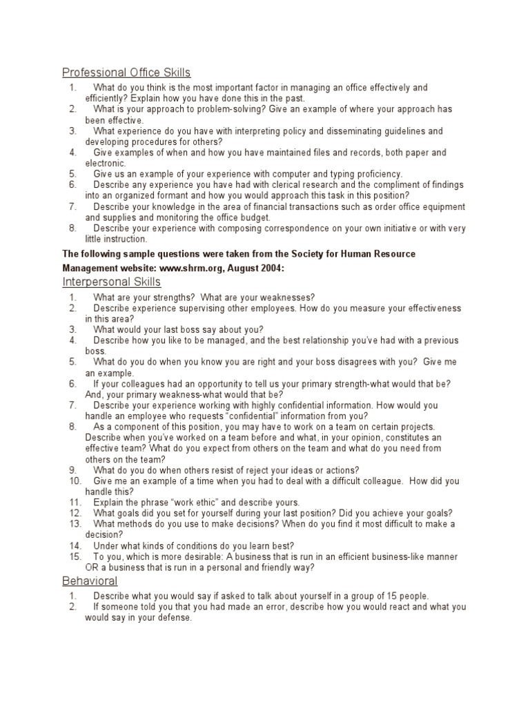 Professional Office Skills: The Following Sample Questions Were Taken ...