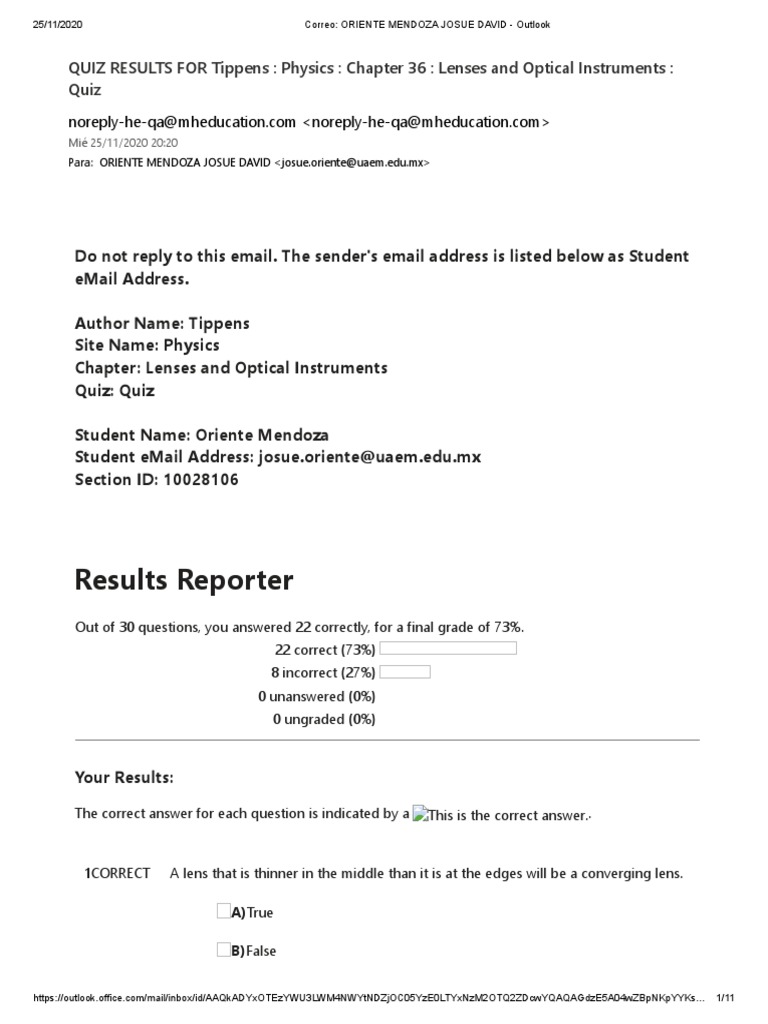 Quiz Results: Physics Lenses Chapter | PDF | Atomic | Optics