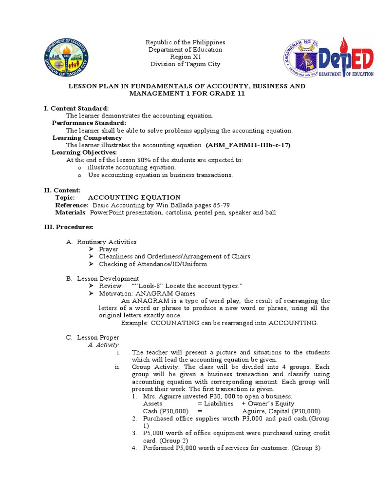 Accounting Equation | PDF | Cash | Lesson Plan