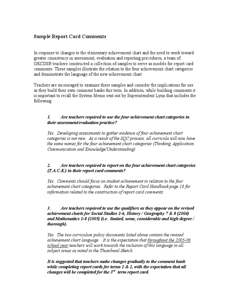 Sample+Report+Card+Comments - SSTPDF PDF | PDF | Knowledge | Attention