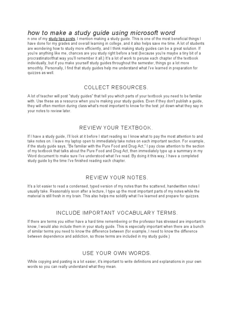 How to make a study guide using microsoft word collect resources pdf