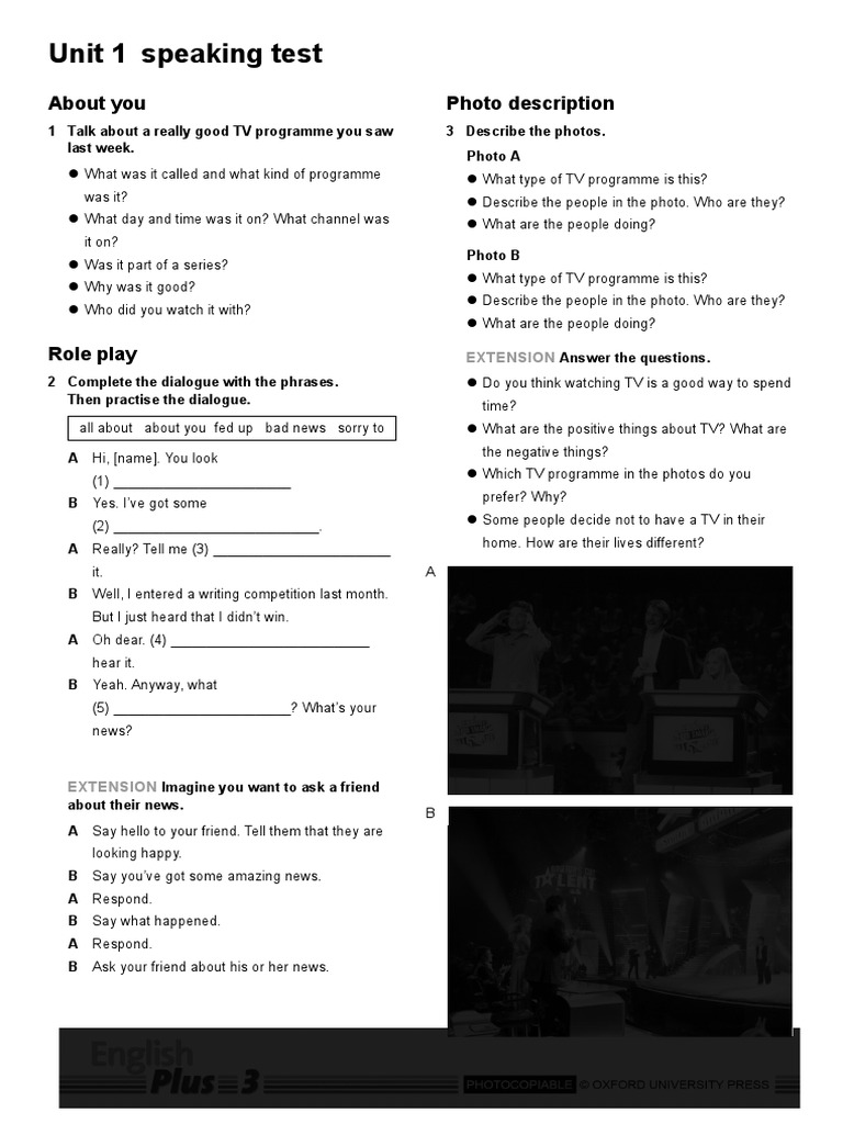 Unit 1 Speaking Test: About You Photo Description | PDF