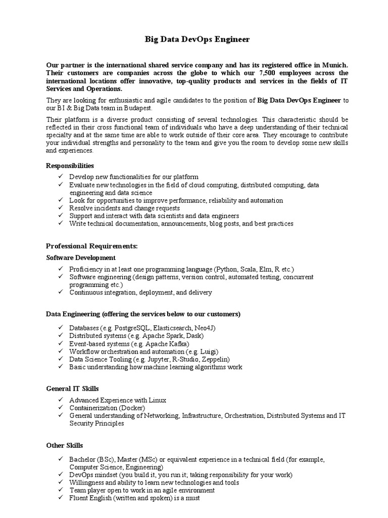 Big Data DevOps Engineer Position | PDF | Big Data | Engineering