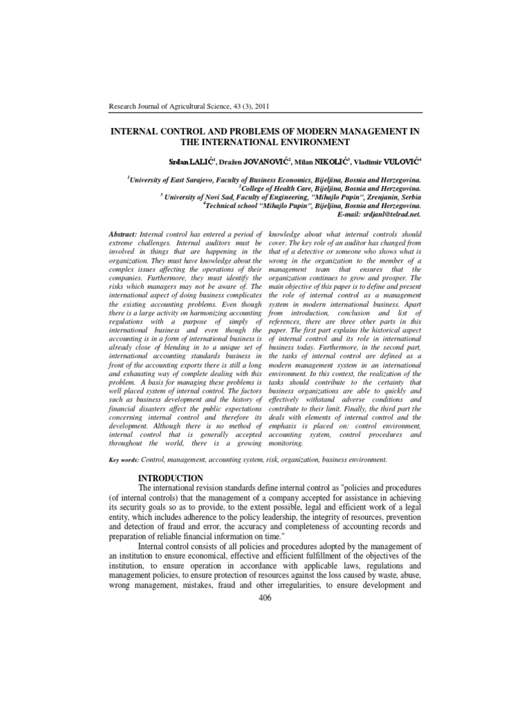 Internal Control and Problems of Modern Management in The International ...
