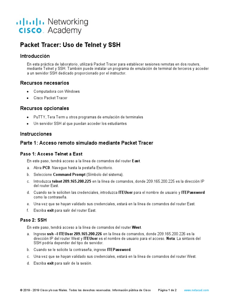 Uso de Telnet y SSH en Packet Tracer | PDF | Cubierta segura | Interfaz ...