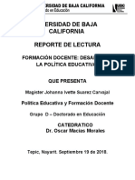 Formación Docente. Desafios de La Politica Educativa - Reporte de Lectura 1 - Johanna Ivette Suarez Carvajal