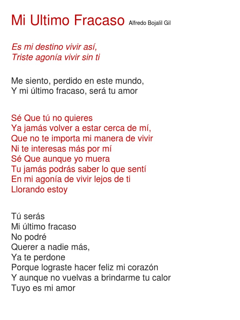 Letra Mi Ultimo Fracaso Alfredo Bojalil Gil PDF