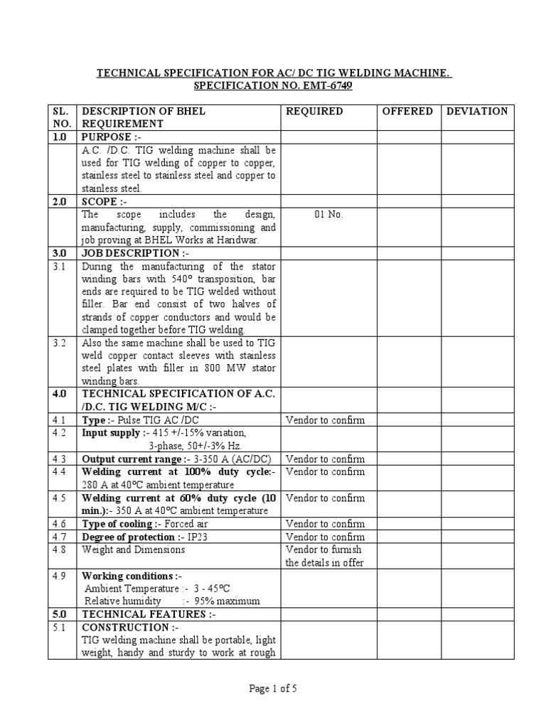 Technical Specifications and Requirements for an AC/DC TIG Welding