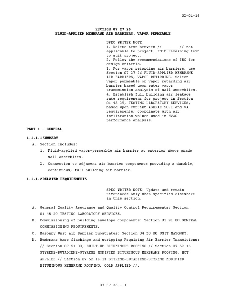 SECTION 07 27 26 FluidApplied Membrane Air Barriers, Vapor Permeable