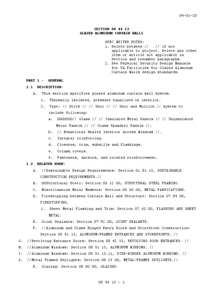 SECTION 08 44 13 Glazed Aluminum Curtain Walls PDF Window Specification (Technical Standard)