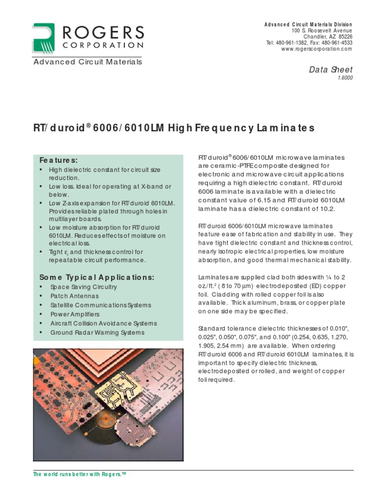 RT/duroid 6006/6010LM High Frequency Laminates: Features | PDF ...