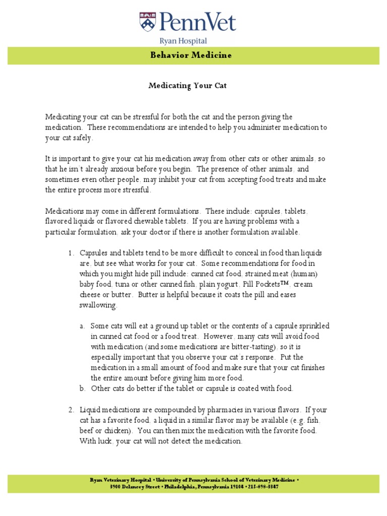 Medicating Your Cat PDF | PDF | Tablet (Pharmacy) | Cats