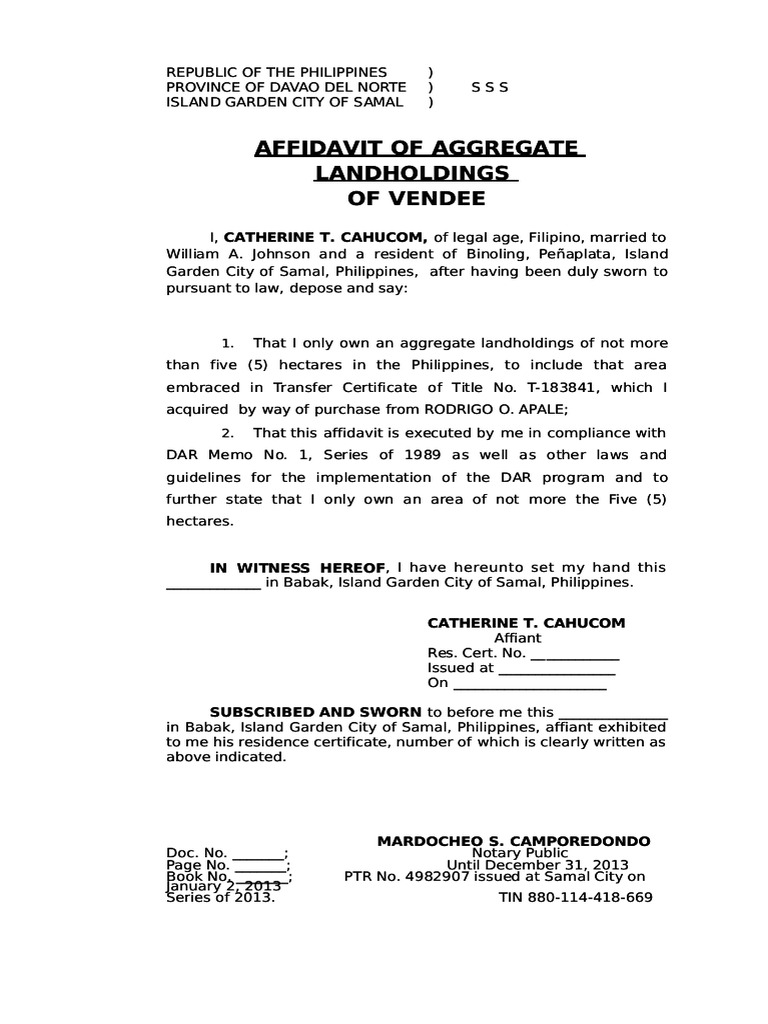 Affidavit of Aggregate Landholdings of Vendee PDF PDF Comparative