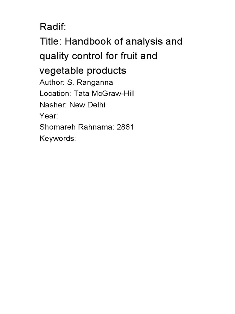 Anaysis and Quality Control For Fruit and Vegetables Ranganna PDF PDF