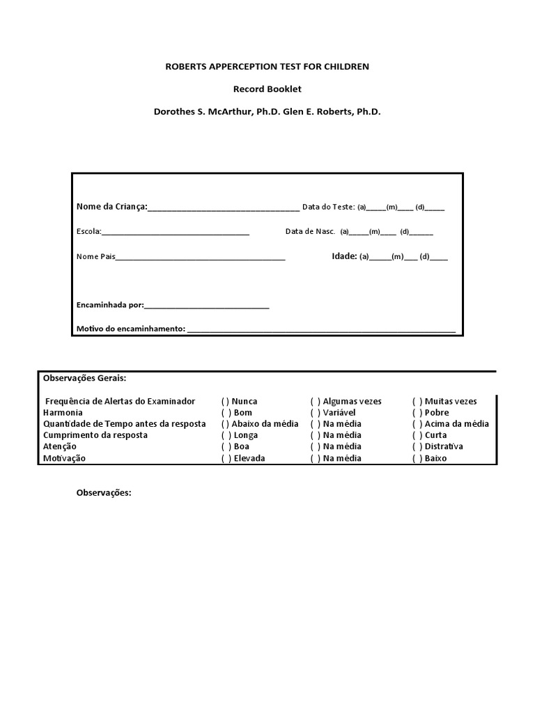 Teste de Apercepção Roberts para Crianças | PDF