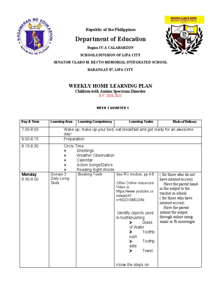 Department of Education: Weekly Home Learning Plan | PDF ...