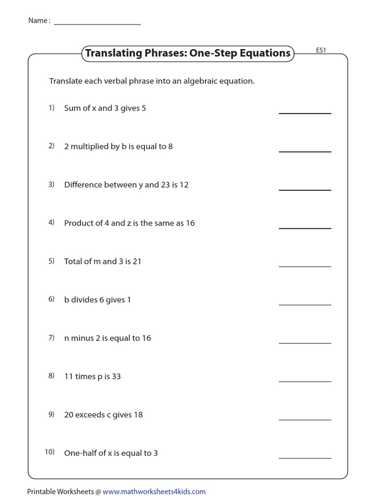 Translating One-Step Equations Worksheet | PDF