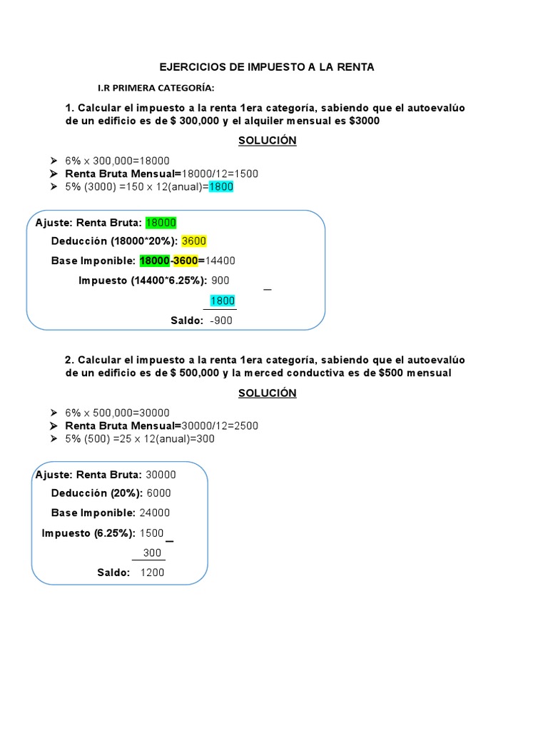 EJERCICIOS DE IMPUESTO A LA RENTA Hecho | PDF | Impuesto sobre la renta ...