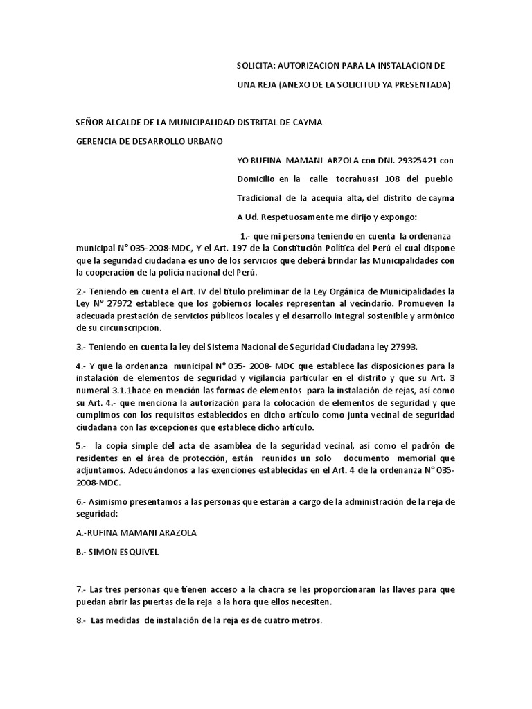 MEMORIAL AL ALCALDE - RUFINA Solicitud Anexa | PDF | Gobierno | Policía