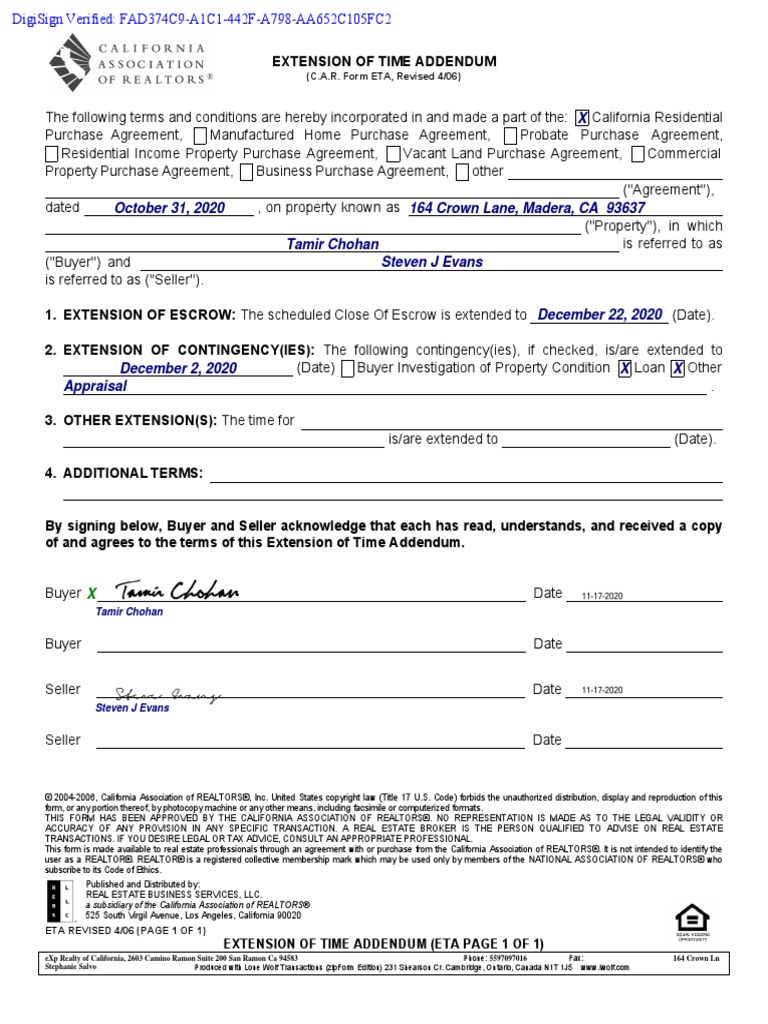 (C.A.R. Form ETA, Revised 4/06) Extension of Time Addendum (Eta Page