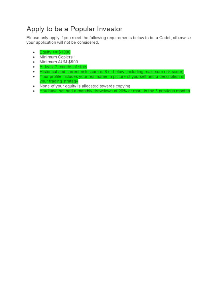 Apply To Be A Popular Investor | PDF | Diversification (Finance) | Stocks
