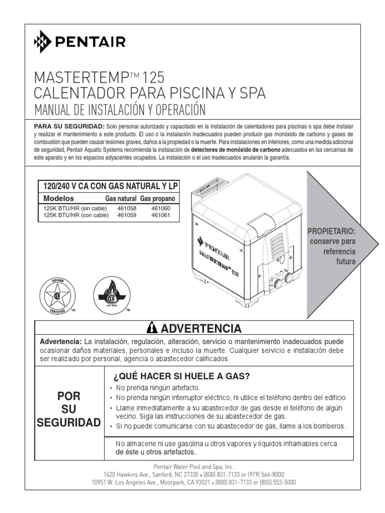 Mastertemp TM 125 Calentador para Piscina y Spa Manual de Instalación y